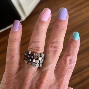 beaded "slinky" ring- brown black and silver beads- adjustable size 6-8